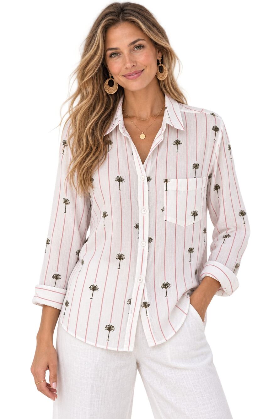 Rails Charli Top Womens Medium Palm Tree Pink Stripe Print Button Shirt Linen
